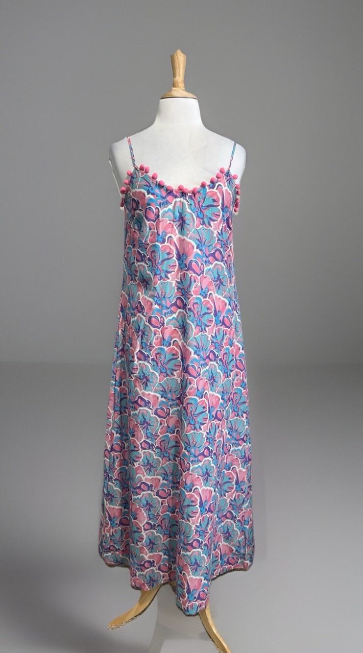 Simply Southern L Pom Poms Spaghetti Strap Boho Tropical Coverup Maxi Dress Nwt